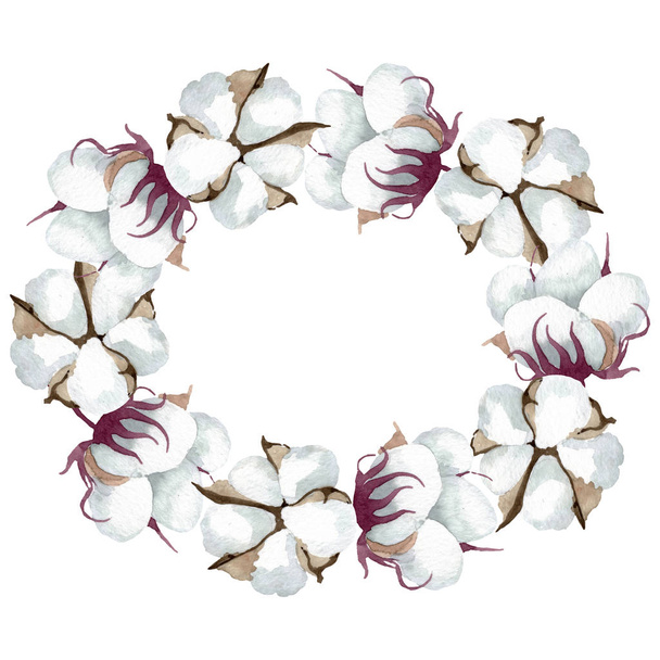 White cotton floral botanical flowers. Watercolor background illustration set. Frame border ornament square. - 写真・画像