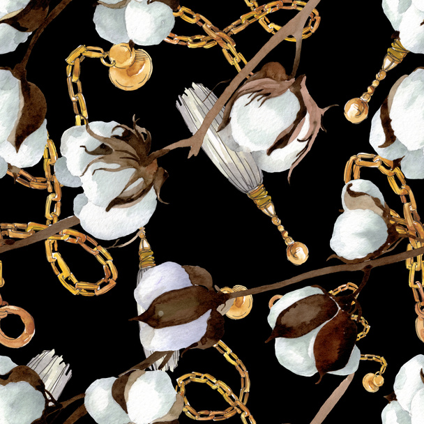 White cotton floral botanical flowers. Watercolor background illustration set. Seamless background pattern. - Photo, Image