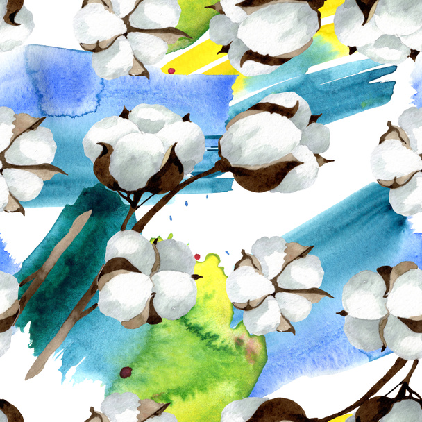 Fehér pamut virágos botanikai virágok. Akvarell háttér illusztráció meg. Folytonos háttérmintázat. - Fotó, kép