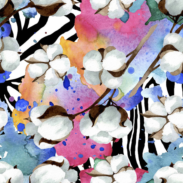 White cotton floral botanical flowers. Watercolor background illustration set. Seamless background pattern. - Fotoğraf, Görsel