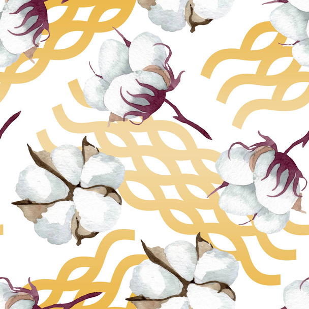 Botanische Blumen aus weißer Baumwolle. Aquarell Hintergrundillustration Set. nahtloses Hintergrundmuster. - Foto, Bild