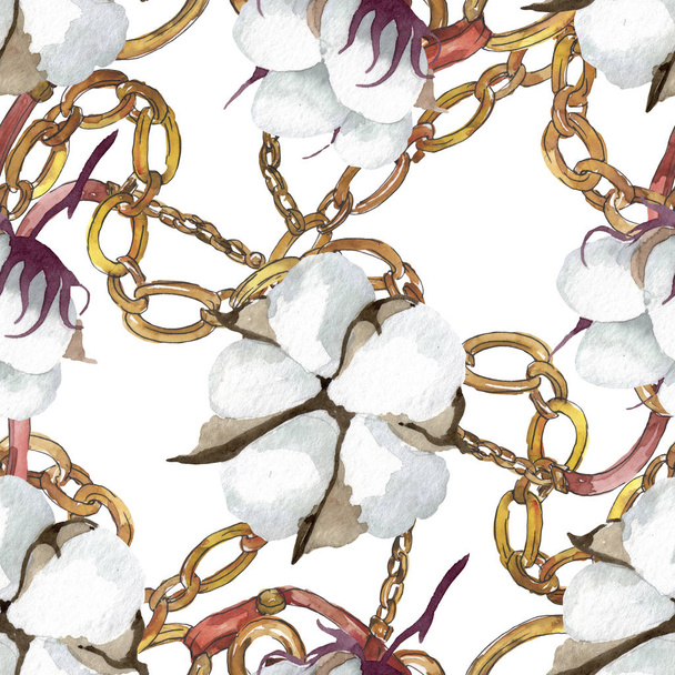 Beyaz pamuk çiçek botanik çiçekler. Suluboya arka plan illüstrasyon seti. Kesintisiz arka plan deseni. - Fotoğraf, Görsel
