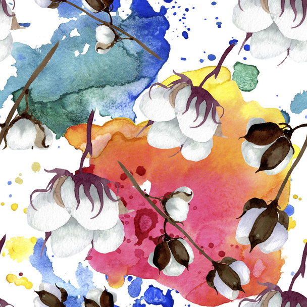 White cotton floral botanical flowers. Watercolor background illustration set. Seamless background pattern. - Foto, Bild
