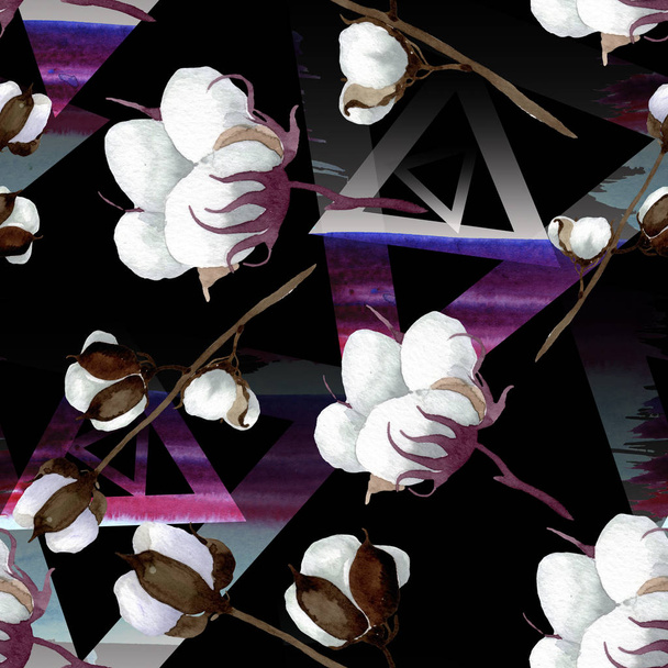 Fehér pamut virágos botanikai virágok. Akvarell háttér illusztráció meg. Folytonos háttérmintázat. - Fotó, kép