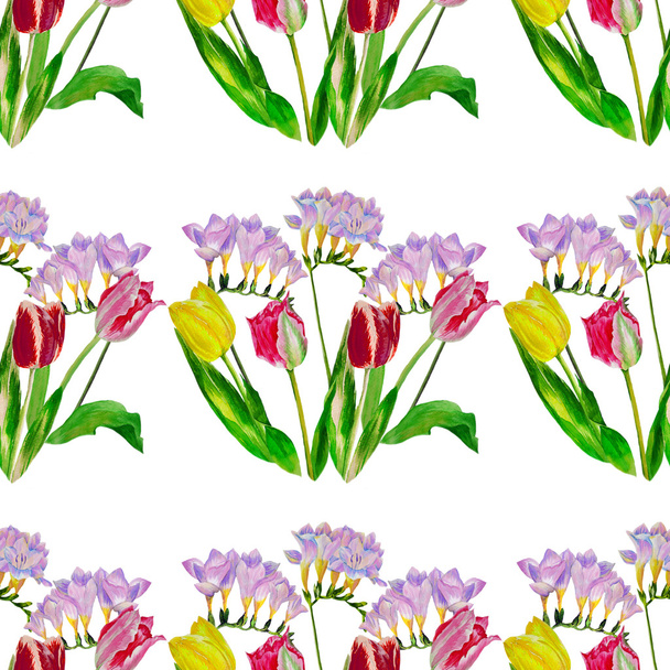 Bouquet with tulips and fressia.Seamless pattern. - 写真・画像