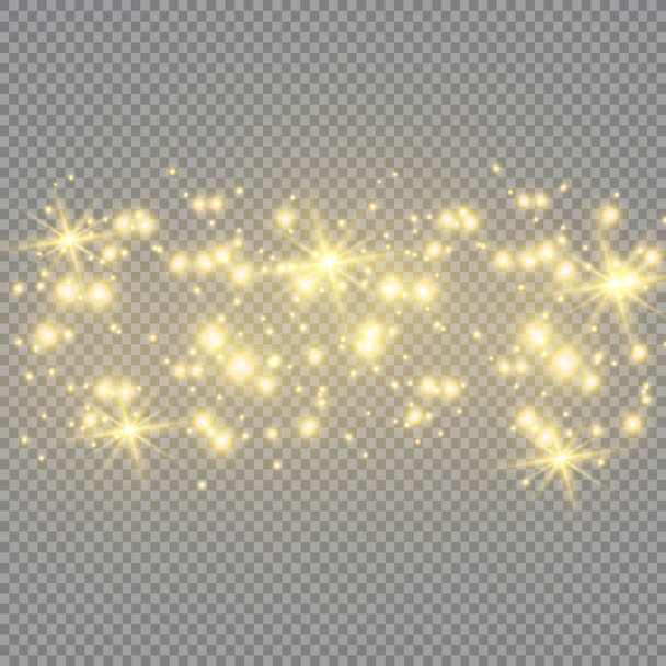 La poussière est jaune. étincelles jaunes et étoiles dorées brillent avec une lumière spéciale. Le vecteur scintille sur un fond transparent. Effet lumière de Noël. Particules de poussière magiques étincelantes. - Vecteur, image
