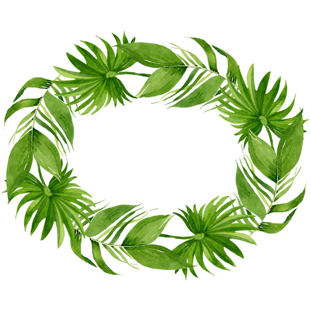 Palm beach tree leaves jungle botanical. Watercolor background illustration set. Frame border ornament square. - Foto, imagen