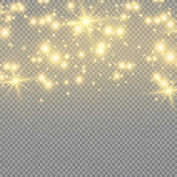 塵は黄色である。黄色の火花と金色の星は特別な光で輝きます。ベクトルは透明な背景に輝きます。クリスマスライト効果。輝く魔法の塵粒子. - ベクター画像