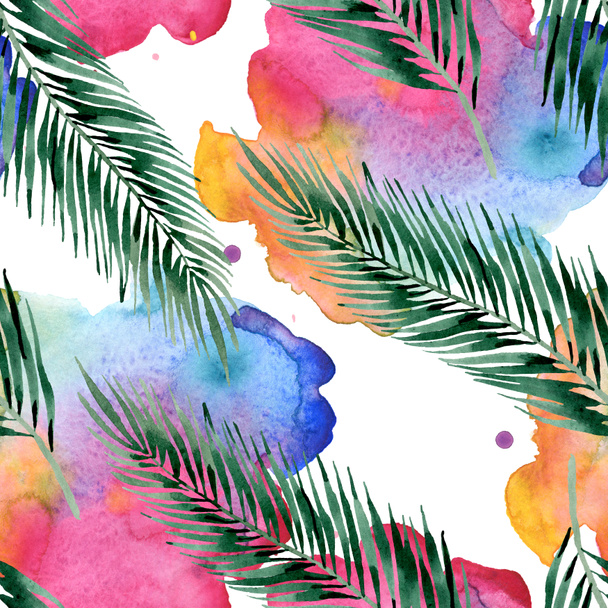 Palm beach tree leaves jungle botanical. Watercolor background illustration set. Seamless background pattern. - Foto, Imagem