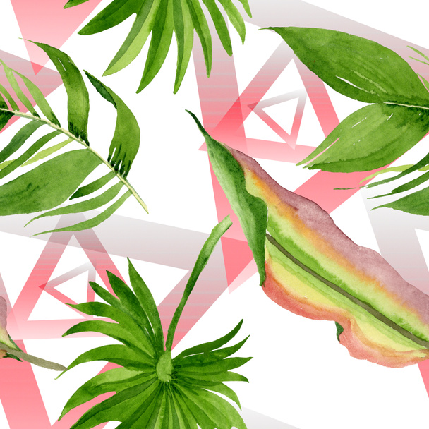 Palm beach tree leaves jungle botanical. Watercolor background illustration set. Seamless background pattern. - Foto, imagen