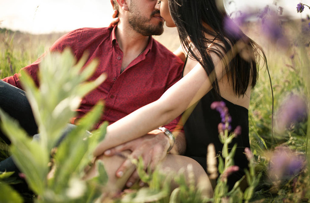 Un jeune couple s'embrasse dans une prairie
. - Photo, image