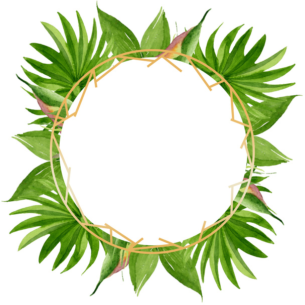 Palm beach tree leaves jungle botanical. Watercolor background illustration set. Frame border ornament square. - Fotografie, Obrázek