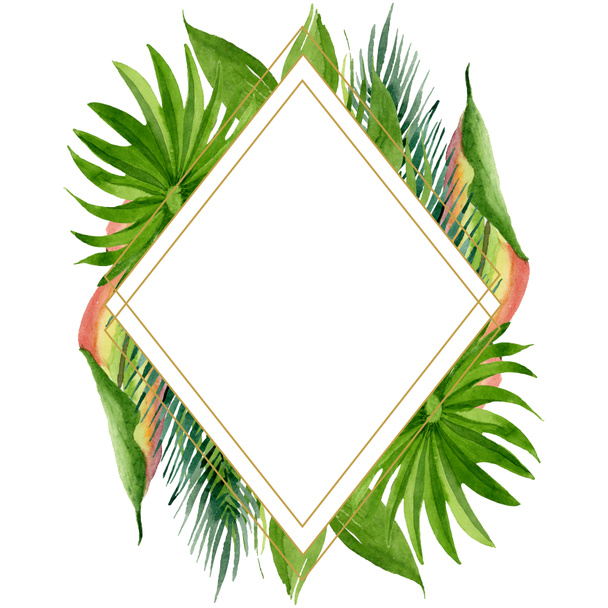 Palm Beach Tree pozostawia dżungli botanicznych. Akwarela zestaw ilustracji tła. Obramowanie ramy ornament kwadrat. - Zdjęcie, obraz