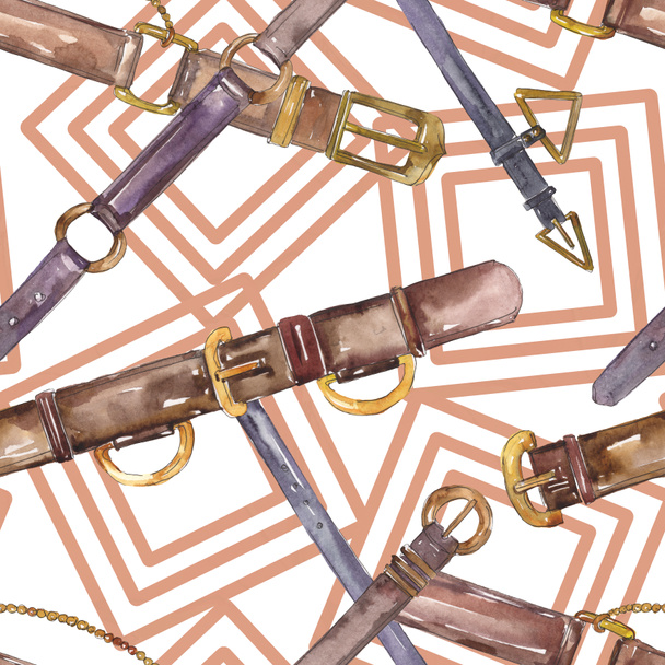 Leather belt sketch fashion glamour illustration in a watercolor style. Clothes accessories set. Watercolour drawing fashion aquarelle. Seamless background pattern. Fabric wallpaper print texture. - Fotografie, Obrázek