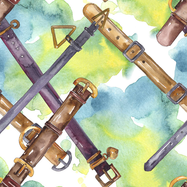 Leather belt sketch fashion glamour illustration in a watercolor style. Clothes accessories set. Watercolour drawing fashion aquarelle. Seamless background pattern. Fabric wallpaper print texture. - 写真・画像