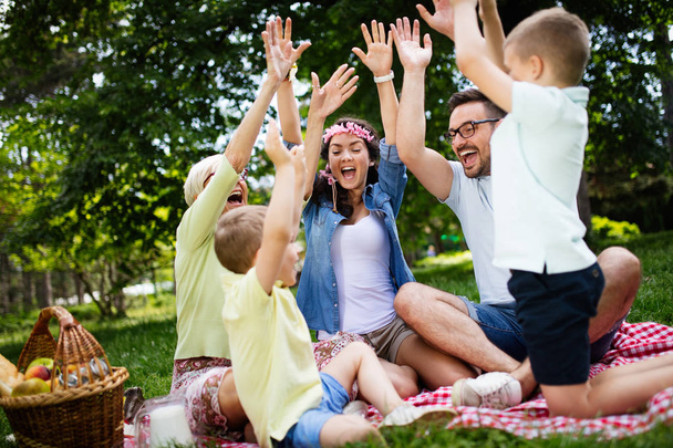 Mutlu çoklu nesil aile parkta piknik yapıyor. - Fotoğraf, Görsel