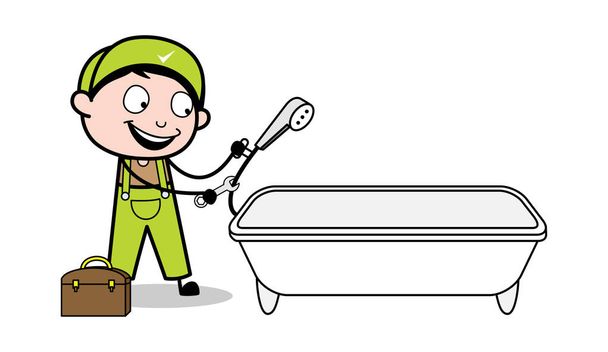 配管工は、浴槽の水接続を修復 - レトロな修理工  - ベクター画像