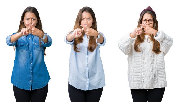 Collage de belle jeune femme sur fond isolé Expression de rejet croisement des doigts faisant signe négatif
 - Photo, image