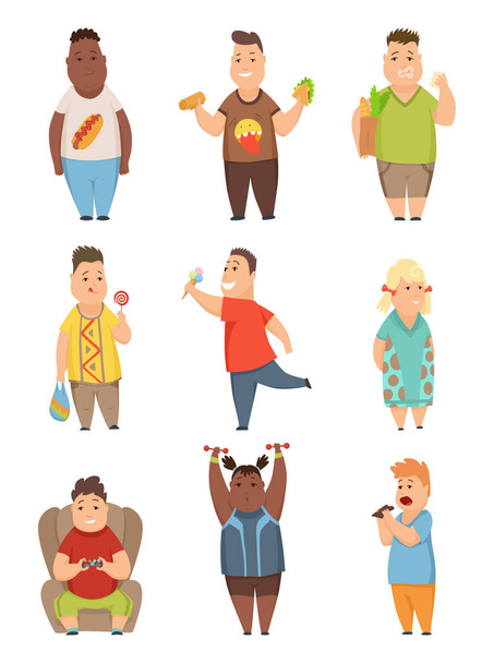 Overweight boys and girls set, cute chubby children cartoon characters eating fast food vector Illustration on a white background. - Vector, Image