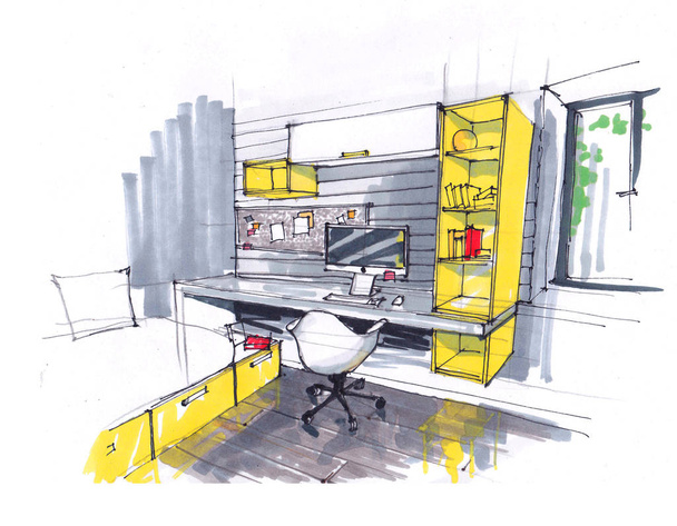 esboço do interior de um estúdio acolhedor, loft em tons amarelos. grandes janelas, uma cadeira em estilo moderno, uma secretária multifuncional com um computador, uma grande cama de casal. projeto arquitetônico desenhado à mão
 - Foto, Imagem