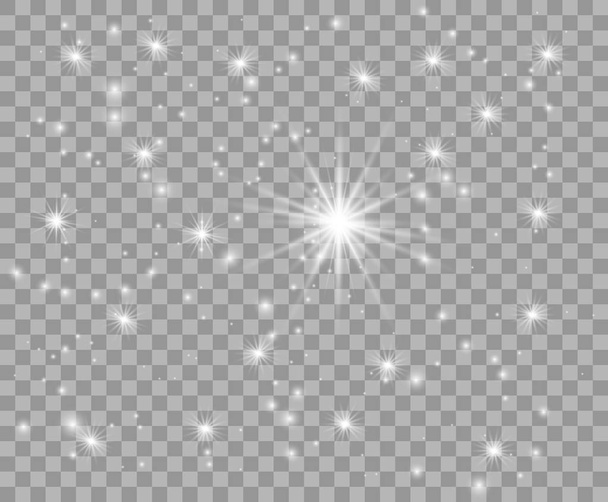 Beyaz yıldızlar, parlak tozlar, parçacıklar. Düşen parçacıkların ışığı, benekler. Yalıtılmış saydam arka planda Noel vektör bindirme tasarım öğesi. - Vektör, Görsel