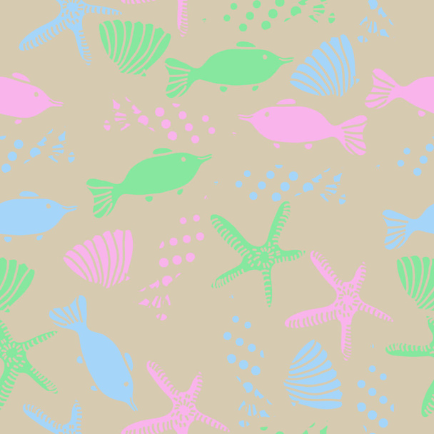 Seamless pattern of fish, shells and starfish - Vector, Image