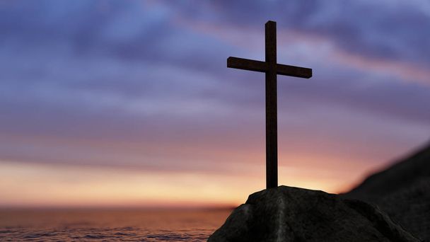 Concept of conceptuele religieuze christelijke kruis staande op rots in de zee of de Oceaan over de prachtige zonsondergang hemel. Een achtergrond voor geloof, geloofsovertuiging, Jezus Christus, spirituele kerk 3D illustratie - Foto, afbeelding