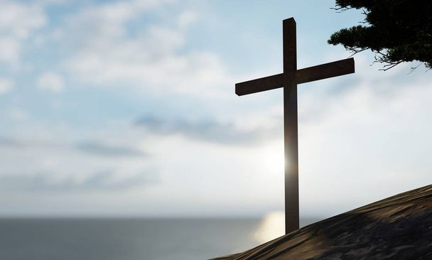 Концепция или концептуальный религиозный христианский крест, стоящий на скале в море или океане над красивым закатным небом. Фон для веры, вероисповедания, Иисус Христос, духовная церковь 3D иллюстрация
 - Фото, изображение