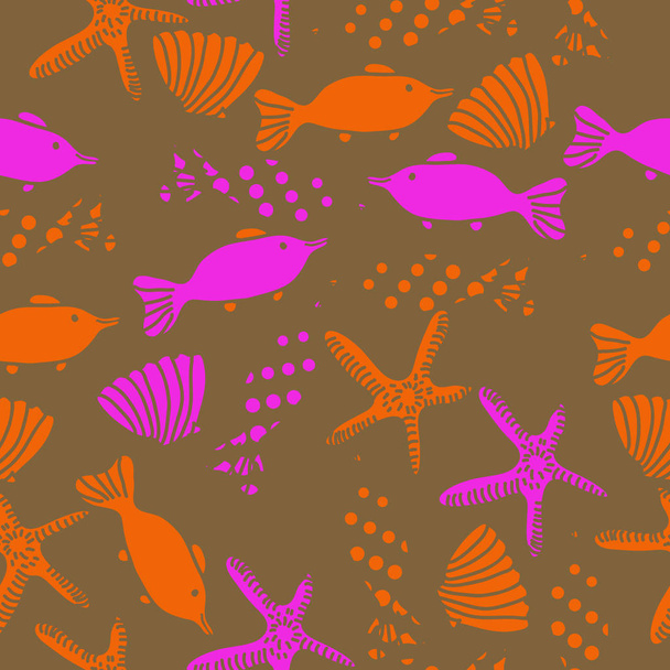 Seamless pattern of fish, shells and starfish - Vector, Image