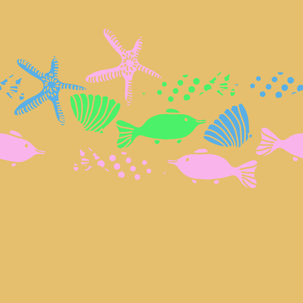 Seamless pattern of fish, shells and starfish, vector illustration - Vector, afbeelding