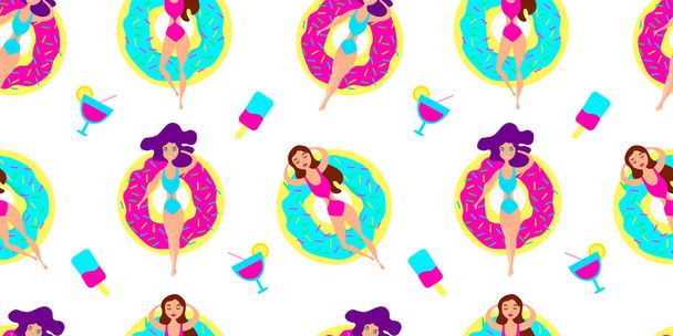 Seamless Pattern of Women enjoying Summer Vacation and float on an inflatable mattress in shape of Donut on white Background. Vector Illustration that can be used for wrapping, textile, fabric, interior decor and wallpaper.  - Vetor, Imagem