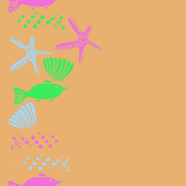 Seamless pattern of fish, shells and starfish, vector illustration - Вектор, зображення