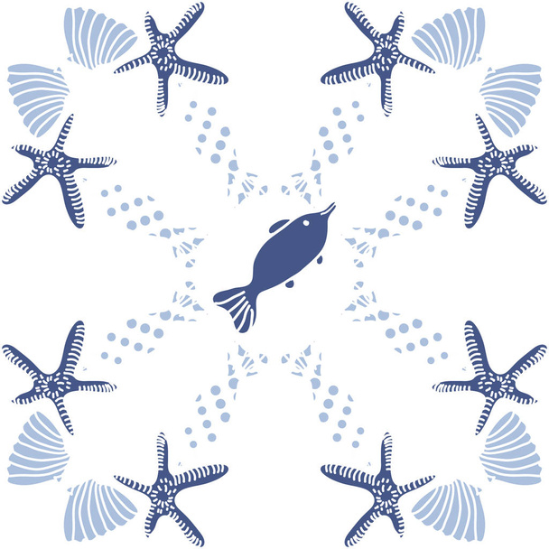 Seamless pattern of fish, shells and starfish - Vetor, Imagem
