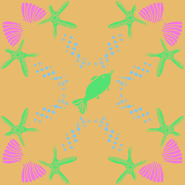 Seamless pattern of fish, shells and starfish - Вектор, зображення