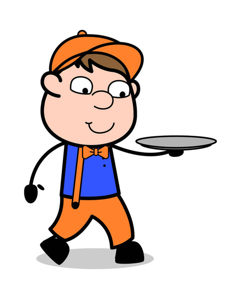 Κρατώντας ένα πιάτο και περπάτημα-ρετρό καρτούν ξυλουργός εργαζόμενος - Διάνυσμα, εικόνα