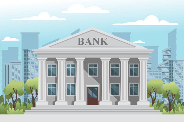 Плоский дизайн здания ретро банка с колоннами и окна векторной иллюстрации на современный городской пейзаж хороший солнечный день с голубым небом и облаками фоне
 - Вектор,изображение