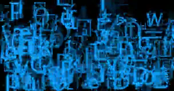 Grandes caracteres azuis de senha e números aparecem aleatoriamente em um fundo preto: criptografia de texto 4K DCI 17: 9
 - Filmagem, Vídeo