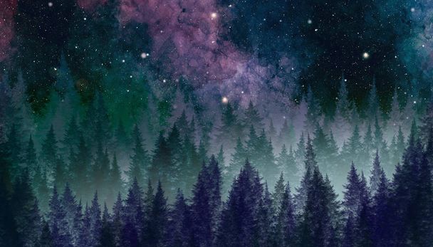 Soyut galaksi resmi, ormanlı gece gökyüzü. Kartlar veya yaratıcı pankart tasarımı için suluboya dokusu. - Fotoğraf, Görsel
