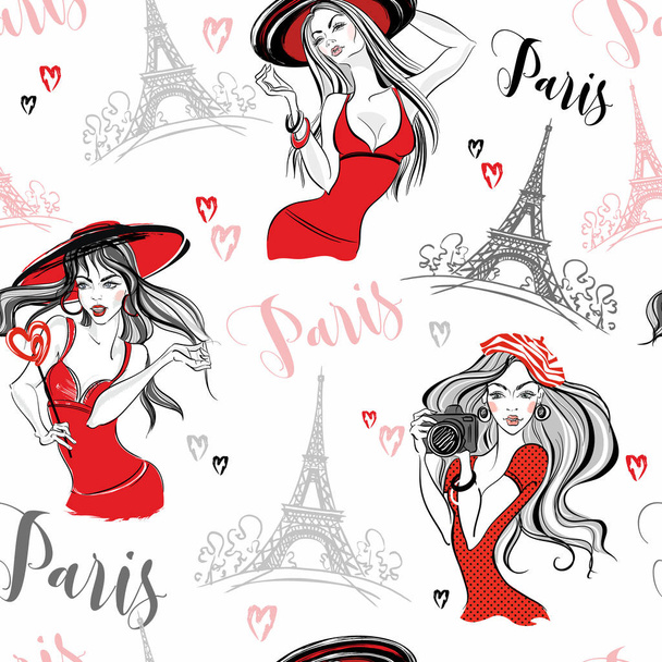 Seamless pattern. Elegant girls in Paris. Vector. - Vector, Image