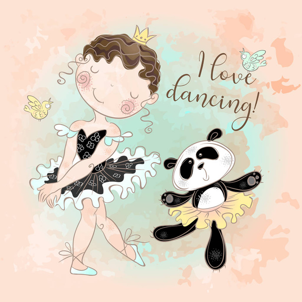 Panda balerinle dans eden küçük balerin. Dans etmeyi seviyorum. Yazıt. Vektör. - Vektör, Görsel