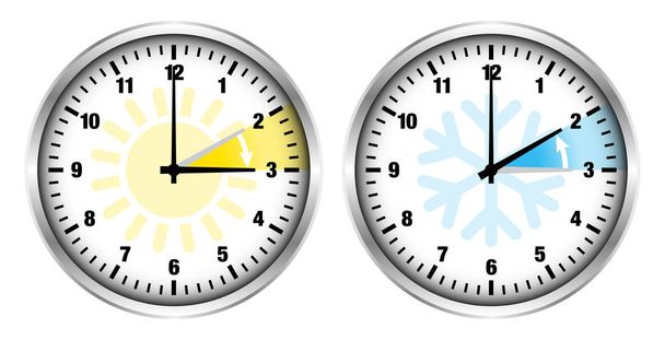 Silver Clocks Summer Time And Winter Time Light Icons And Numbers - Vector, Image