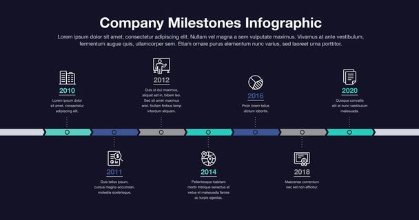 Üzleti infographic vállalati mérföldkövek ütemterv sablon vonal ikonok-sötét változat. Könnyen használható az Ön weboldalán vagy prezentációs. - Vektor, kép