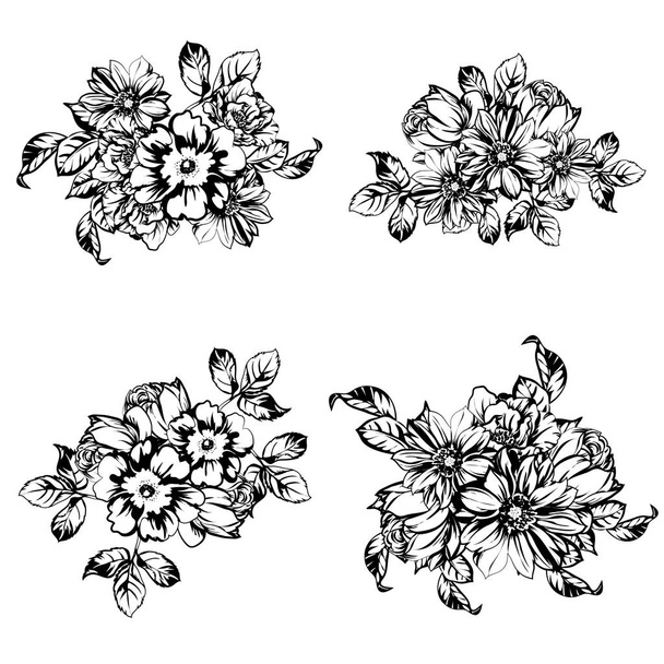 Monochrome vintage style flowers on white background - Vector, Image