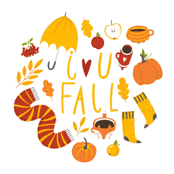 Autumn sticker collection. Set of cute autumn cartoon elements. Fall season. Collection of scrapbook elements for party, fall festival or Thanksgiving day. - Wektor, obraz