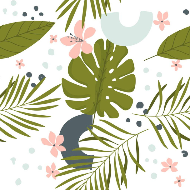 Abstraktní letní model s tropickými listy a květy v jasných barvách na bílém pozadí. Nástěnné obrazy, přání, příspěvek na sociální média, návrh obalového papíru. Vektorová ilustrace - Vektor, obrázek