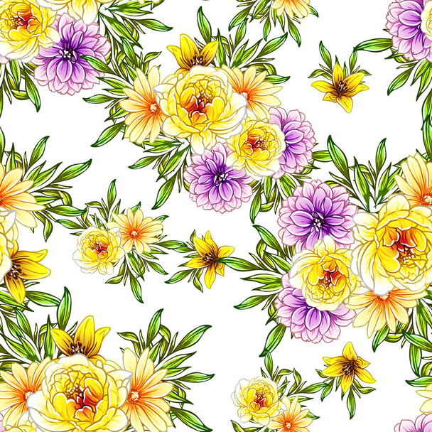 Colourful vintage style flowers seamless pattern - Διάνυσμα, εικόνα