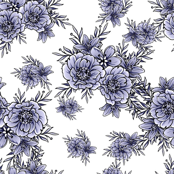 Monochrome vintage style flowers seamless pattern - Вектор,изображение