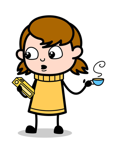 お茶を飲みながら本を検索 - レトロな漫画の女の子ティーンベクト - ベクター画像
