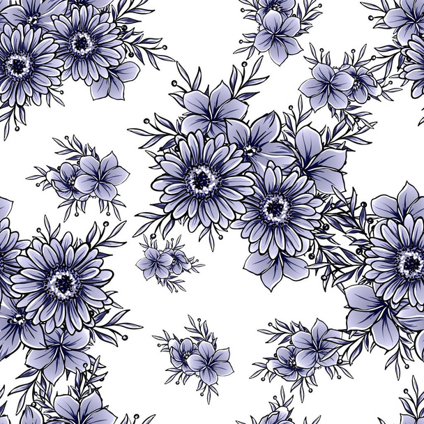 Monochrome vintage style flowers seamless pattern - Vector, imagen