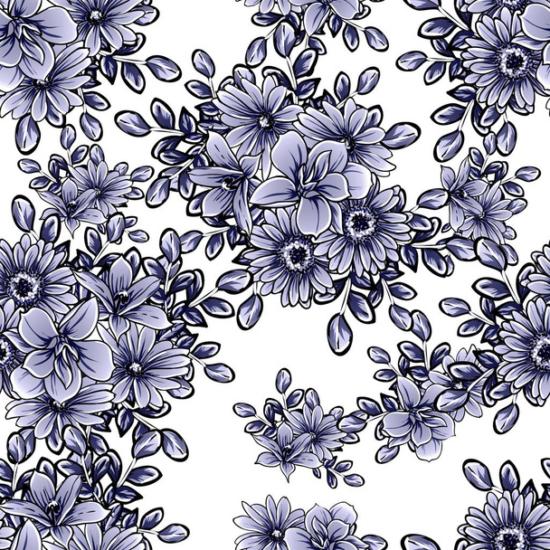 Monochrome vintage style flowers seamless pattern - Vector, Imagen